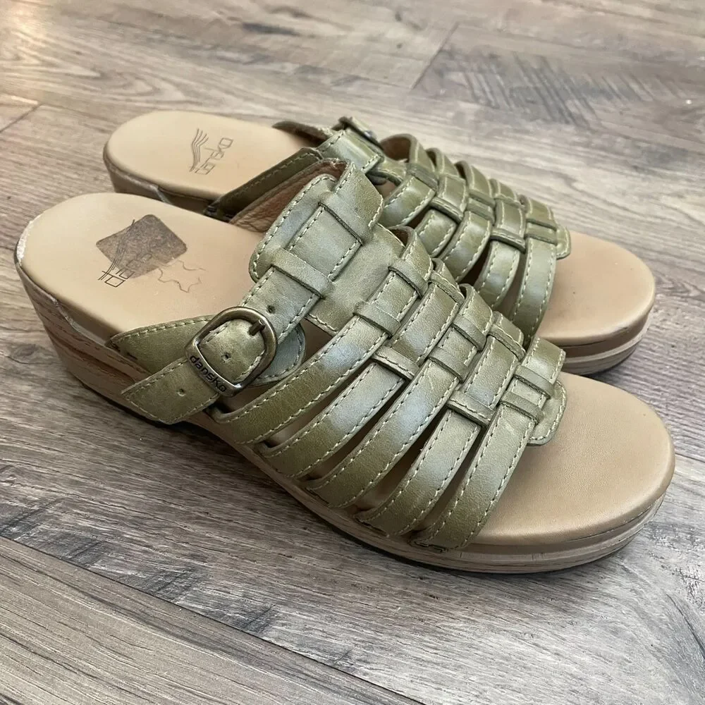 DANSKO Marion Olive Green Leather Strappy Slip On Sandals